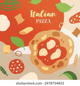 Vektorgrafik handgemalt trandy traditionelle italienische Küche: Pizza, Lasagne Pasta Illustration. Nette flache einfache handgezeichnete Icon-Vorlage für Menü, Poster und Social Media Banner