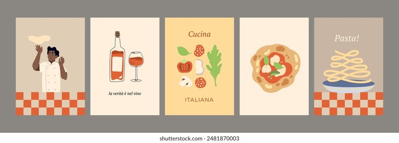 Vector pintado a mano tradicional cocina italiana: pizza, lasaña ilustración de pasta. Lindo plano simple dibujado a mano moderna colección de póster de arte interior