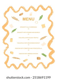 Vektor handbemalt trandy traditionelle italienische Küche: Pizza, Lasagne Pasta Illustration. Niedlich flach einfach handgezeichnet moderne Interieur Kunst Menüvorlage