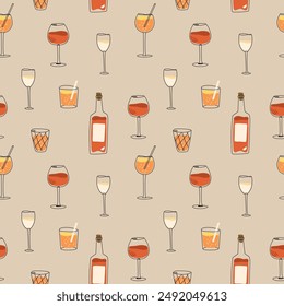 Vector hand painted trendy aperitif alcohol beverage wine prosecco Spritz cocktail drinks illustration. Cute flat simple hand drawn seamless pattern wallpaper background wrapping paper design