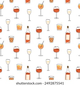 Vector hand painted trendy aperitif alcohol beverage wine prosecco Spritz cocktail drinks illustration. Cute flat simple hand drawn seamless pattern wallpaper background wrapping paper design