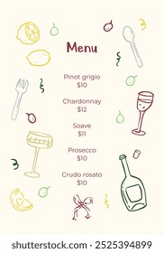 Vector hand painted trendy Italian wines, glasses, grapes and lemons outline illustration. Elegant flat minimalist hand drawn modern art wine menu template