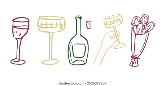 Vetor mão pintado na moda italiano copos de vinho e garrafa, bouquiet de tulipas esboço ilustração. Elegante plana minimalista mão desenhada moderna arte noite data coleção