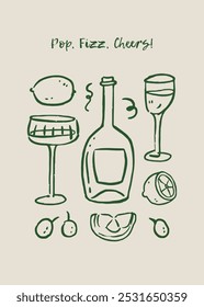 Vector pintado a mano copas de vino italiano de moda y botella de impresión de ilustración de contorno. Elegante minimalista plano dibujado a mano composición de póster de arte moderno