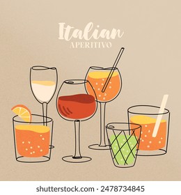 Vector hand painted trendy traditional Italian drinks: wine, prosecco, Spritz cocktail illustration. Cute flat simple hand drawn icon template for menu, posters and social media banners