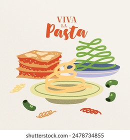 Vector hand painted trendy traditional Italian cuisine: pizza, lasagna pasta illustration. Cute flat simple hand drawn icon template for menu, posters and social media banners