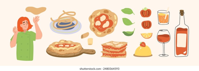 Vector pintado a mano de la cocina tradicional italiana de color crudo jefe de cocina pizza, lasaña ilustración de pasta. Lindo plano simple dibujado a mano icono Plantilla para el menú, carteles y Anuncios de redes sociales