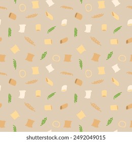 Vector hand painted trendy traditional Italian cuisine pasta illustration. Cute flat simple hand drawn seamless pattern, wallpaper background, wrapping paper design