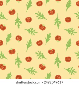 Vector hand painted trendy traditional Italian cuisine ingredients tomato and arugula illustration. Cute flat simple hand drawn seamless pattern wallpaper background wrapping paper design