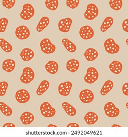 Vector hand painted trendy traditional Italian cuisine ingredient salami meat illustration. Cute flat simple hand drawn seamless pattern wallpaper background wrapping paper design