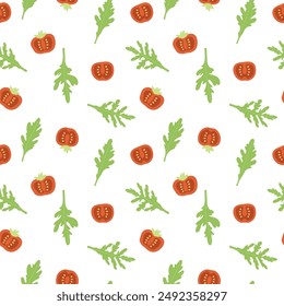 Vector hand painted trendy traditional Italian cuisine ingredients tomato and arugula illustration. Cute flat simple hand drawn seamless pattern wallpaper background wrapping paper design