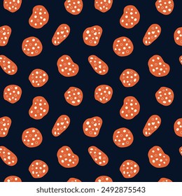 Vector hand painted trendy traditional Italian cuisine ingredient salami meat illustration. Cute flat simple hand drawn seamless pattern wallpaper background wrapping paper design