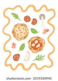 Vector hand painted trendy traditional Italian cuisine: pizza, pasta illustration frame. Cute flat simple hand drawn modern interior art poster template
