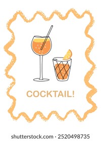 Vector hand painted trendy traditional Italian aperitif: spritz cocktails illustration frame. Cute flat simple hand drawn modern interior art poster template