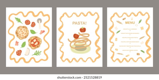 Vector pintado a mano cocina tradicional italiana de moda: pizza, ilustración de pasta de lasaña. Colección de póster de arte interior moderno dibujado a mano simple plano lindo