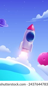 Vector hand painted vertical illustration of a rocket flying into space