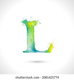 Vector hand painted watercolor alphabet, splash elements design, letter L