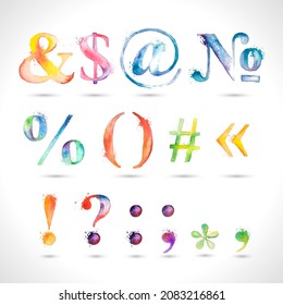 Vector hand painted watercolor alphabet, splash elements design, symbols
