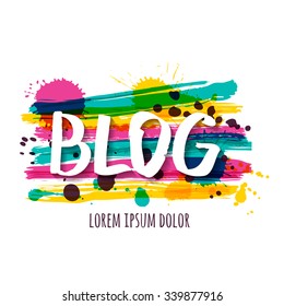Vector hand painted watercolor blog sign. Trendy blog label, banner with hand drawn modern font. Colorful abstract background with rainbow transparent stripes.

