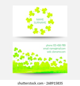 vector hand painted watercolor clover leaves business card template