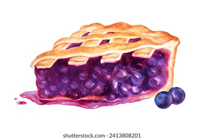 Vector hand painted watercolor illustration of Blueberry Pie isolated on white background