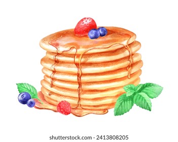 Vektor Hand gemalte Aquarellgrafik von Pancakes Dessert einzeln auf weißem Hintergrund