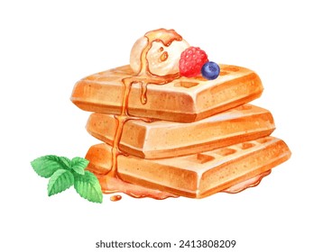 Vector hand painted watercolor illustration of Waffles dessert isolated on white background