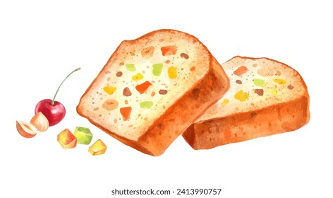 Vector hand painted watercolor illustration of Fruit Cake isolated on white background