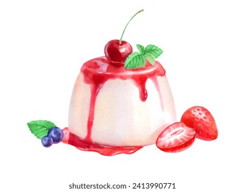 Vector hand painted watercolor illustration of Panna Cotta dessert isolated on white background