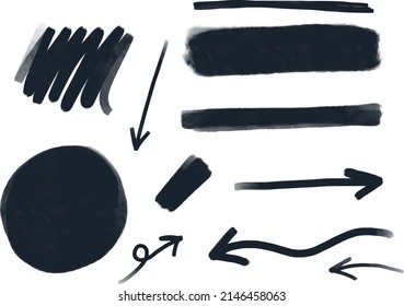 Vector hand painted watercolor ink pencil set of illustrations of ink stains, boarders, hearts, arrows, paint drops and sketches. Ideal for collage, print, graphic design, scrap booking and other.