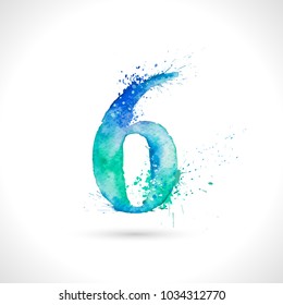 Vector hand painted watercolor, splash elements design, number 6
