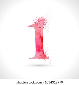 Vector hand painted watercolor, splash elements design, number 1
