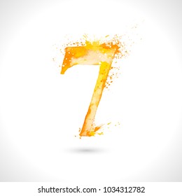 Vector hand painted watercolor, splash elements design, number 7