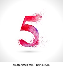 Vector hand painted watercolor, splash elements design, number 5