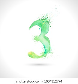 Vector hand painted watercolor, splash elements design, number 3