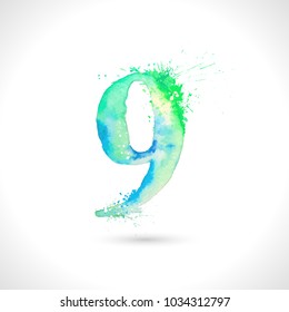 Vector hand painted watercolor, splash elements design, number 9