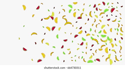 Vector hand painted watermelon, orange, lime, lemon, and banana confetti on white. Juicy exotic citrus confetti. Vitamin, tropical fruits, fresh food, juice, vegan, vegetarian lifestyle background.