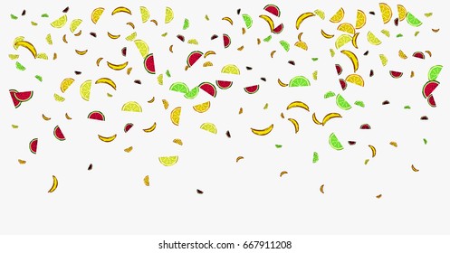 Vector hand painted watermelon, orange, lime, lemon, and banana confetti on white. Juicy exotic citrus confetti. Vitamin, tropical fruits, fresh food, juice, vegan, vegetarian lifestyle background.