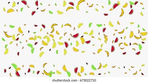 Vector hand painted watermelon, orange, lime, lemon, and banana confetti on white. Juicy exotic citrus confetti. Vitamin, tropical fruits, fresh food, juice, vegan, vegetarian lifestyle background.