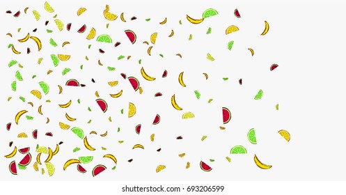 Vector hand painted watermelon, orange, lime, lemon, and banana confetti on white. Juicy exotic citrus confetti. Vitamin, tropical fruits, fresh food, juice, vegan, vegetarian lifestyle background.