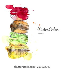 Vector hand painting ala prima abstract watercolor macaroon dessert illustration. Eps10