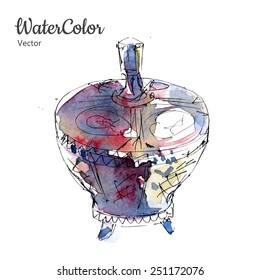 Vector hand painting ala prima abstract watercolor sugar-bowl illustration. Eps10