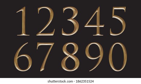 Vector Hand Painting Elegant metallic Gold Numbers from 1 to 0. illustration, Isolated on black background