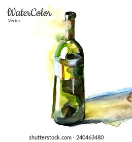 Vector hand painting watercolor illustration of wine bottle. Eps10