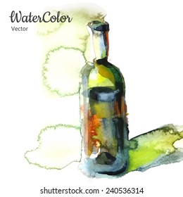 Vector hand painting watercolor illustration of wine bottle. Eps10
