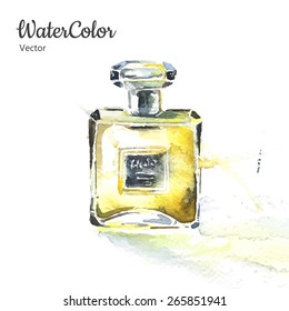 Vector hand painting watercolor illustration of glass perfume bottle. Eps10