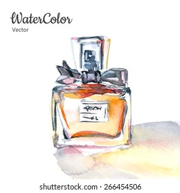 Vector hand painting watercolor illustration of glass perfume bottle. Eps10