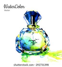 Vector hand painting watercolor illustration of glass perfume bottle. Eps10