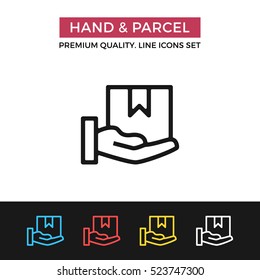 Vektorsymbol für Hand und Paket. Hauslieferung, Paketkonzept erhalten. Hochwertiges Grafikdesign. Zeichen, Umrisssymbole, einfache dünne Linien-Symbole für Website, Webdesign, mobile App, Infografiken