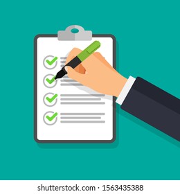 Vector hand with pen writing on a check list. Businessman signs document. The hand holds a pen and clipboard in a 3d style. To do list concept. Business financial agreement.